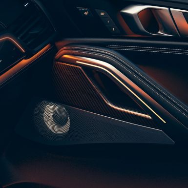 Zvučnik BMW-a X6. Detaljan prikaz unutrašnjosti BMW-a s fokusom na zvučnike.