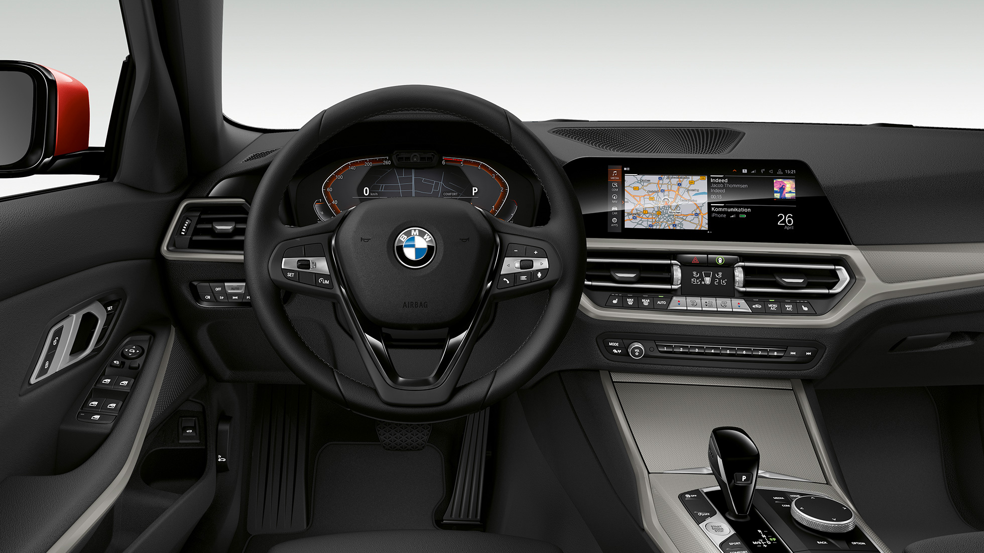 BMW serije 3 Limuzina, Model Advantage kokpit. Detaljan prednji prikaz vozačevog kokpita BMW-a serije 3 Limuzina sa značajkama Modela Advantage.