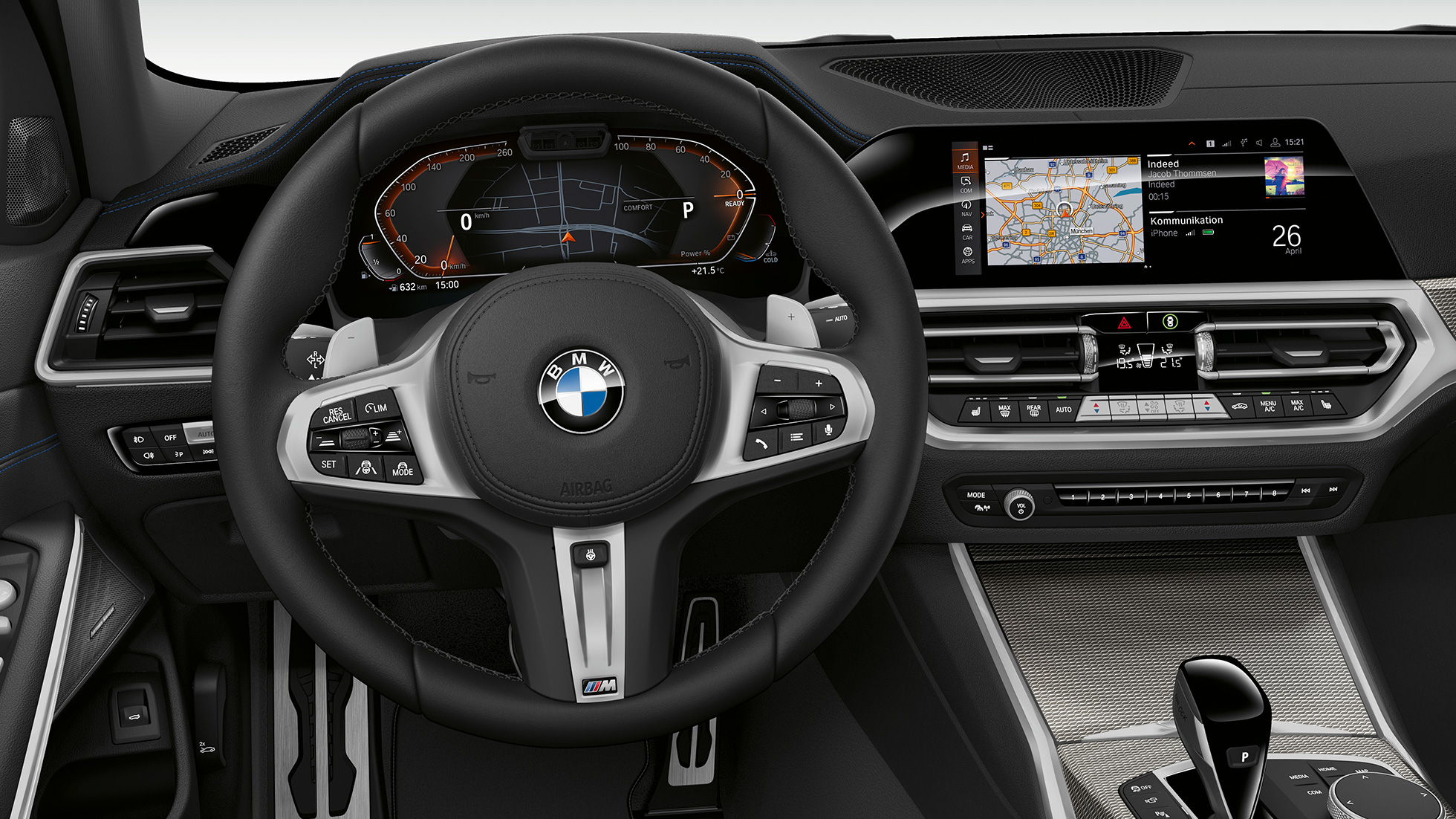 BMW serije 3 Limuzina, Model Sport Line kokpit. Detaljan prednji prikaz vozačevog kokpita BMW-a serije 3 limuzina sa značajkama Modela Sport Line.
