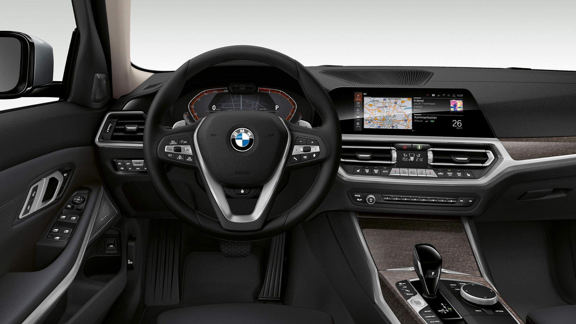 BMW serije 3 limuzina, Model Luxury Line kokpit. Detaljan prednji prikaz vozačevog kokpita BMW-a serije 3 limuzina sa značajkama Modela Luxury Line.