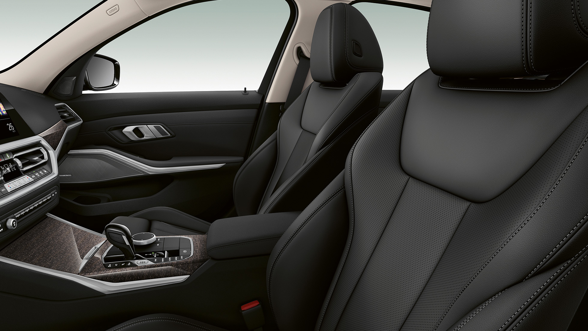 BMW serije 3 Limuzina, Model Luxury Line prednja sjedala. Bočni detaljan prikaz prednjih sjedala BMW-a serije 3 Limuzina sa značajkama modela Luxury Line.