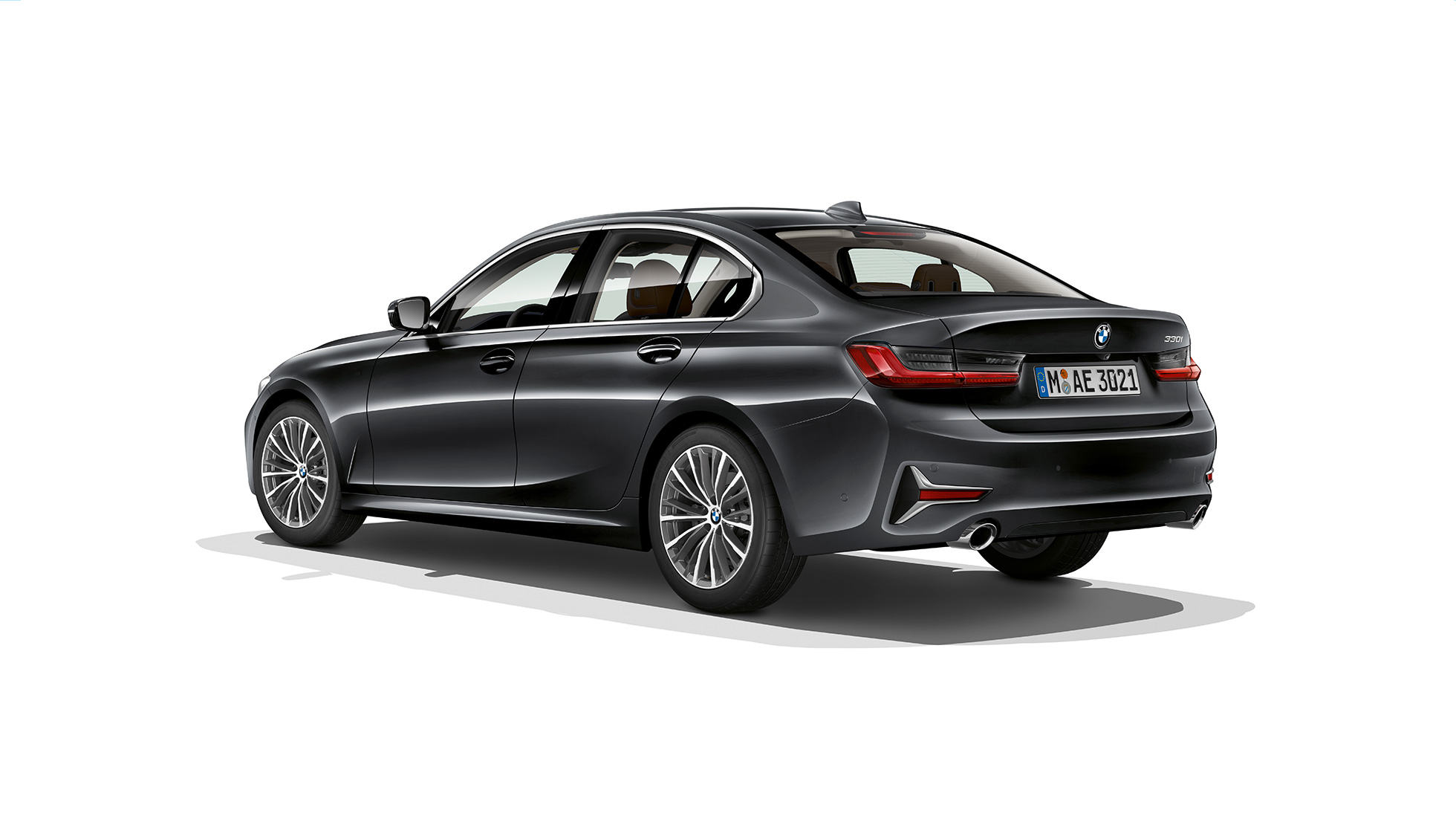 BMW serije 3 Limuzina, Model Luxury Line stražnji kraj. Tročetvrtinski prikaz stražnjeg kraja BMW-a serije 3 limuzina sa značajkama modela Luxury Line.