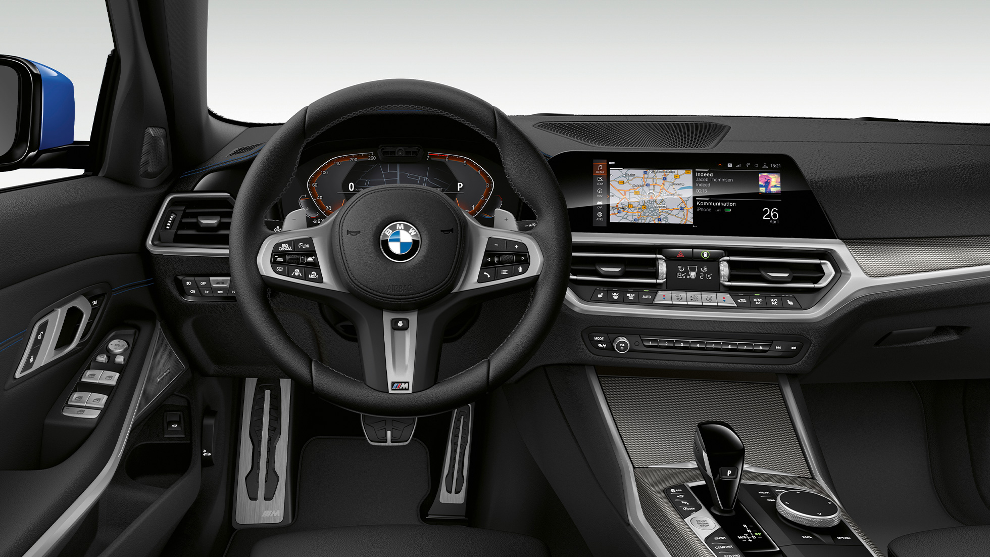 BMW serije 3 Limuzina, Model M Sport kokpit. Detaljan prednji prikaz vozačevog kokpita BMW-a serije 3 limuzina sa značajkama Modela M Sport.