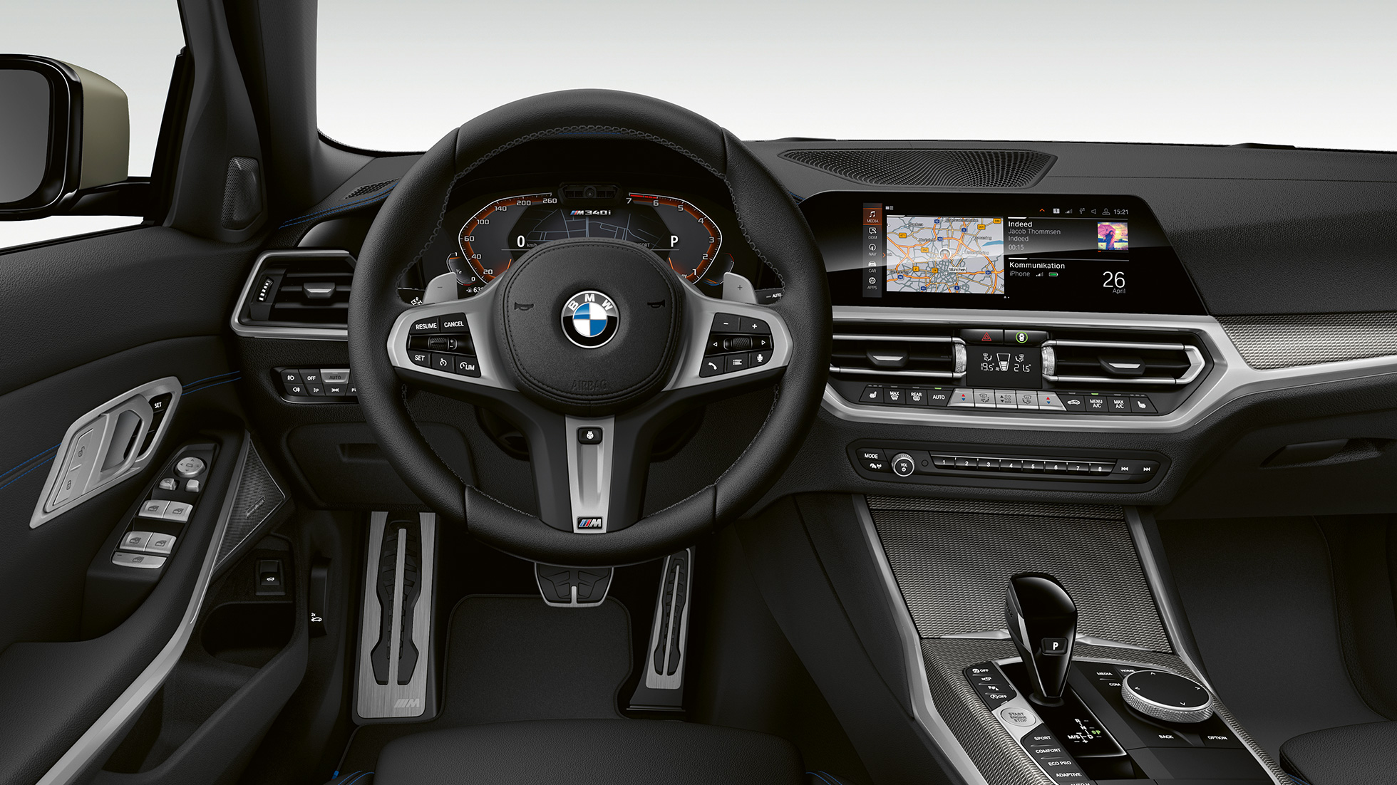 BMW serije 3 Limuzina, M340i xDrive kokpit. Prednji detaljan prikaz kokpita BMW-a serije 3 M340i xDrive Limuzina.