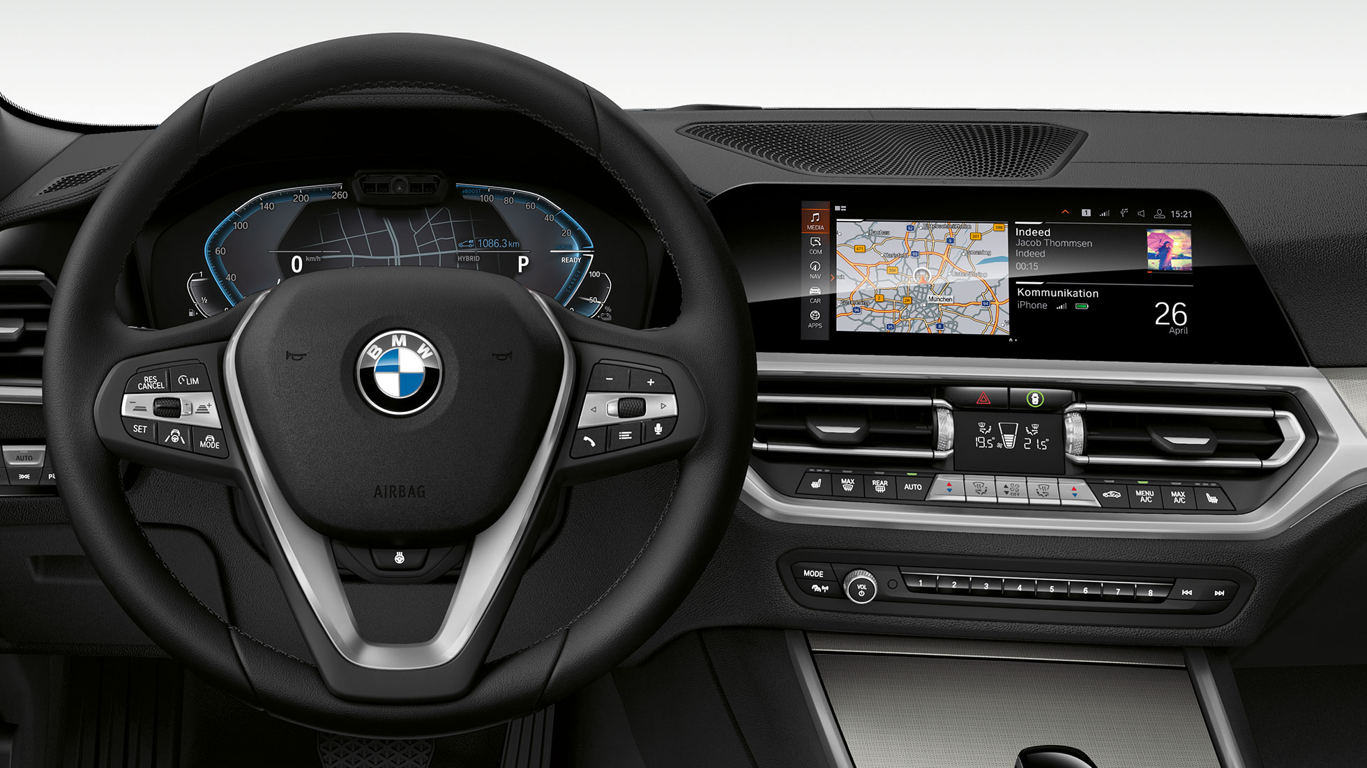 BMW serije 3 Limuzina, Cockpit. Detaljan prednji pogled kokpit BMW-a serije 3 Limuzina s i-specifičnim zaslonom.