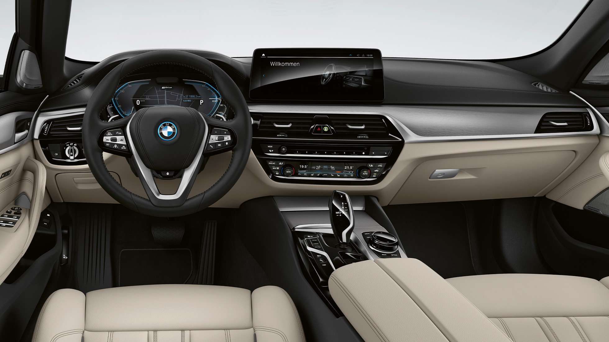 Kokpit BMW serije 5 Touring G31 osnovna oprema Kokpit BMW serije 5 Touring 530i G31 2020 osnovna oprema koža ‘Dakota’ Ivory White ekskluzivni prošivi s kontrastnim trakama unutrašnjost