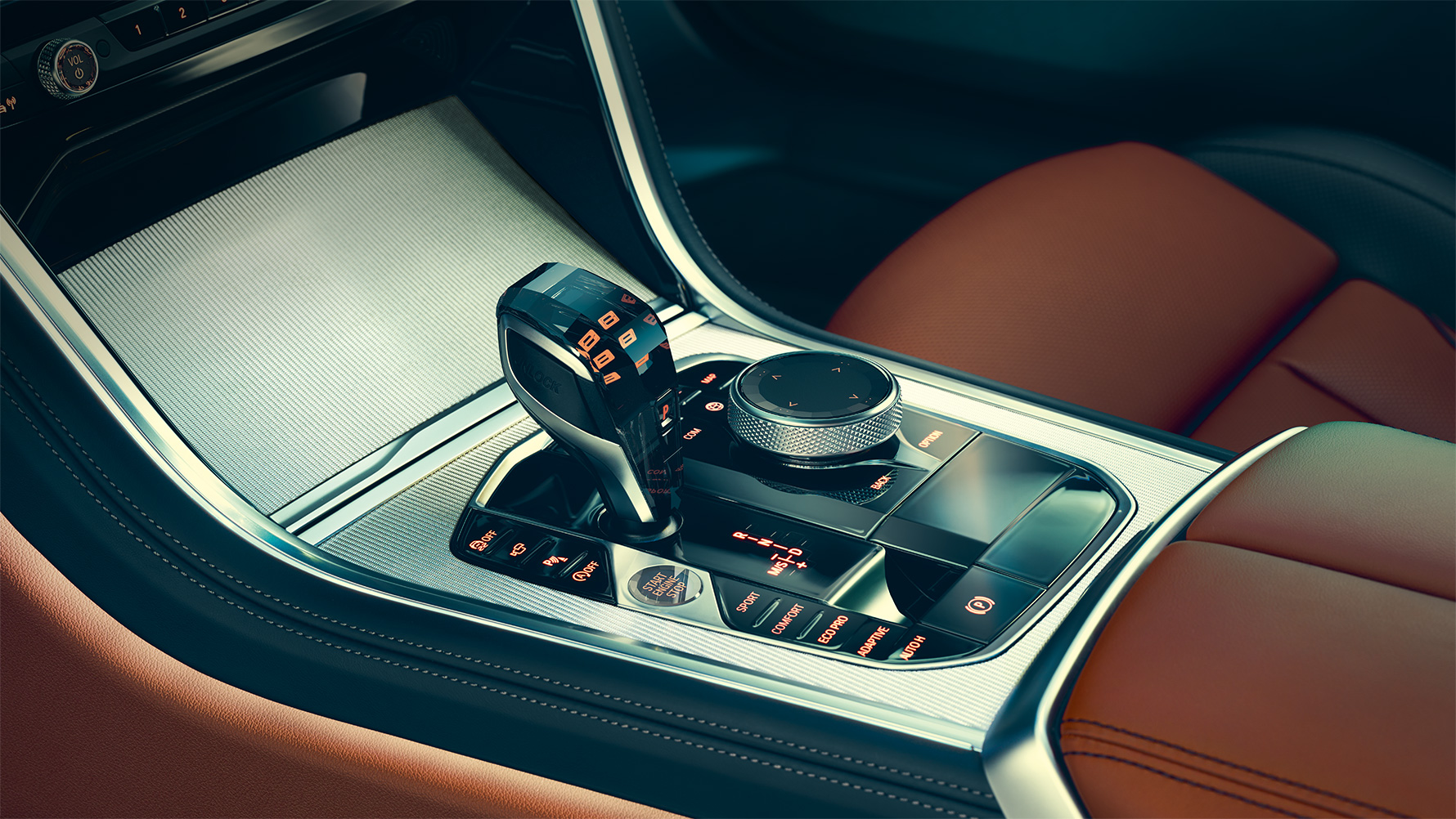 BMW serije 8 Coupé, središnja konzola Detaljan prikaz BMW-a serije 8 Coupé s fokusom na središnju konzolu.