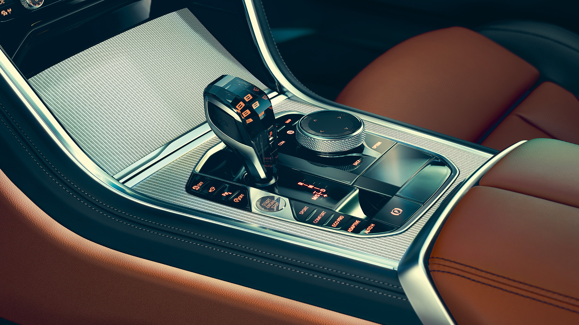 BMW serije 8 Coupé, unutrašnjost. BMW serije 8 Coupé, unutrašnjost, detaljan prikaz ručice prijenosa.