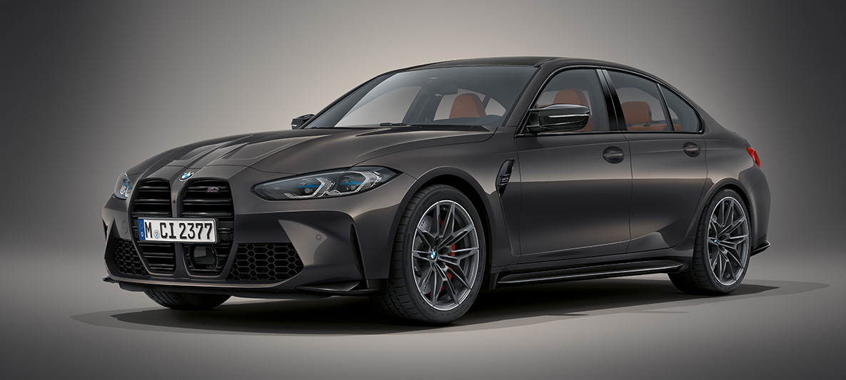 BMW Individual Dravit Grey metalik BMW M3 limuzina G80 2020 BMW M3 limuzina BMW Individual Dravit Grey metalik G80 2020 tročetvrtinski pogled sprijeda u mirovanju