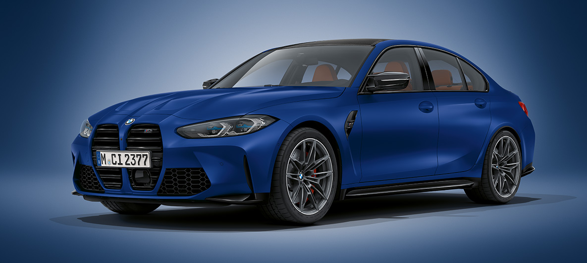 BMW Individual Frozen Portimao Blue metalik BMW M3 limuzina G80 2020 BMW M3 limuzina BMW Individual Frozen Portimao Blue metalik G80 2020 tročetvrtinski pogled u mirovanju