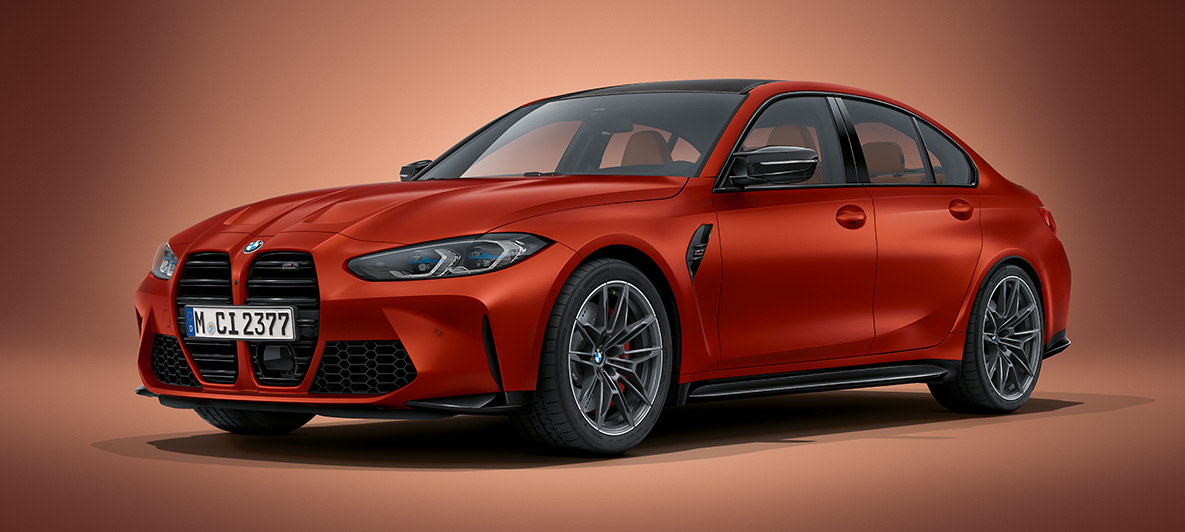 BMW Individual Frozen Orange metalik BMW M3 limuzina G80 2020 BMW M3 limuzina BMW Individual Frozen Orange metalik G80 2020 tročetvrtinski pogled u mirovanju