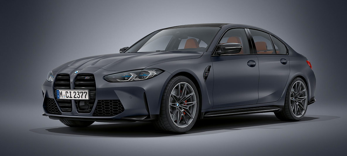BMW Individual Frozen Dark Grey metalik BMW M3 limuzina G80 2020 BMW M3 limuzina BMW Individual Brooklyn Grey metalik G80 2020 tročetvrinski pogled sprijeda u mirovanju