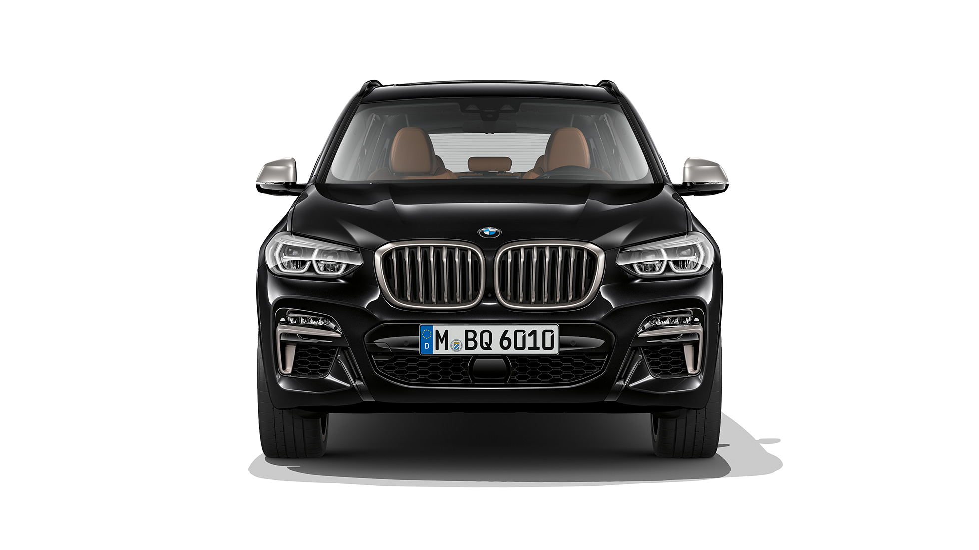 BMW X3 M40i i BMW X3 M40d, prednji prikaz. BMW X3 M40i i BMW X3 M40d u Black Sapphire metalik boji, vanjština, prednji prikaz.