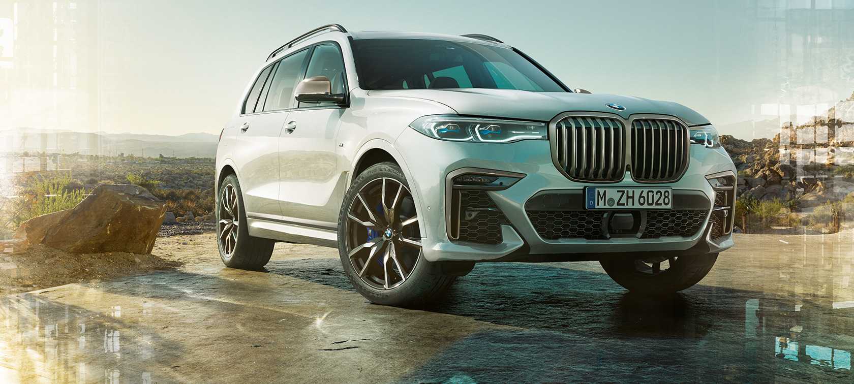 BMW X7 M automobil G07 2019 tročetvrtinski pogled sprijeda BMW X7 M automobil G07 2019 Mineral White tročetvrtinski pogled sprijeda u mirovanju