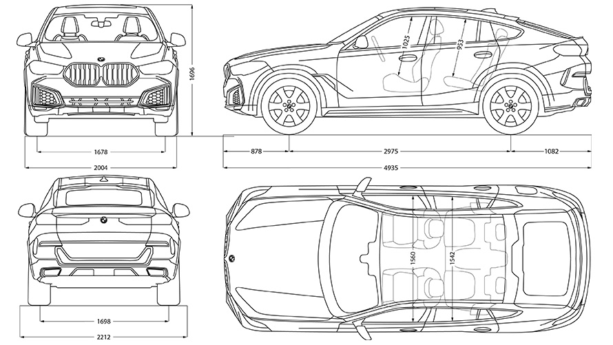 Linijski crtež BMW X6 dimenzija Linijski crtež BMW X6 dimenzija