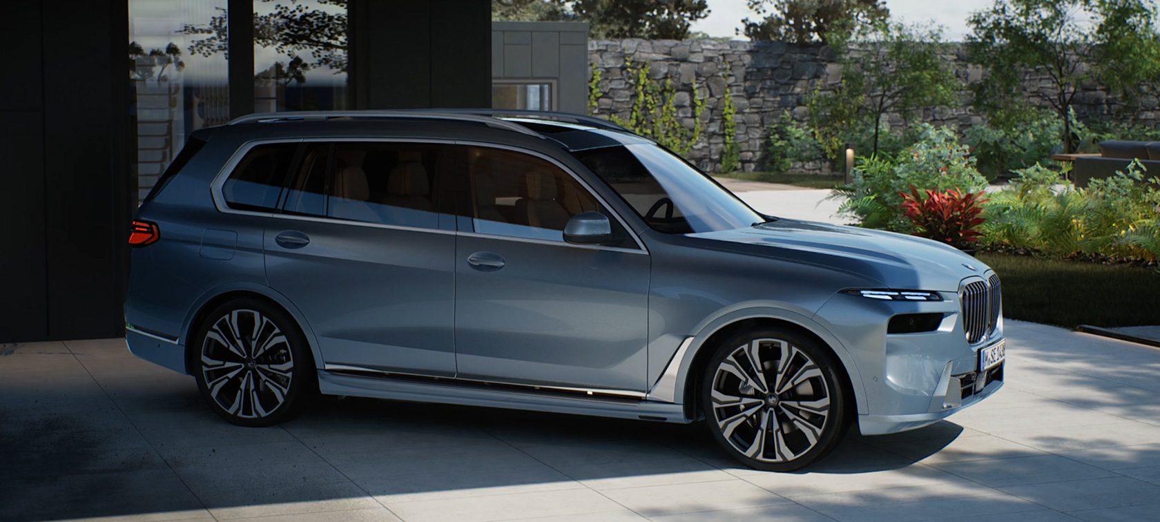BMW X7 G07 LCI 7/8 pogled sa strane Sparkling Copper Grey metalik Video BMW X7 G07 LCI 7/8 pogled sa strane u mirovanju Sparkling Copper Grey metalik Video
