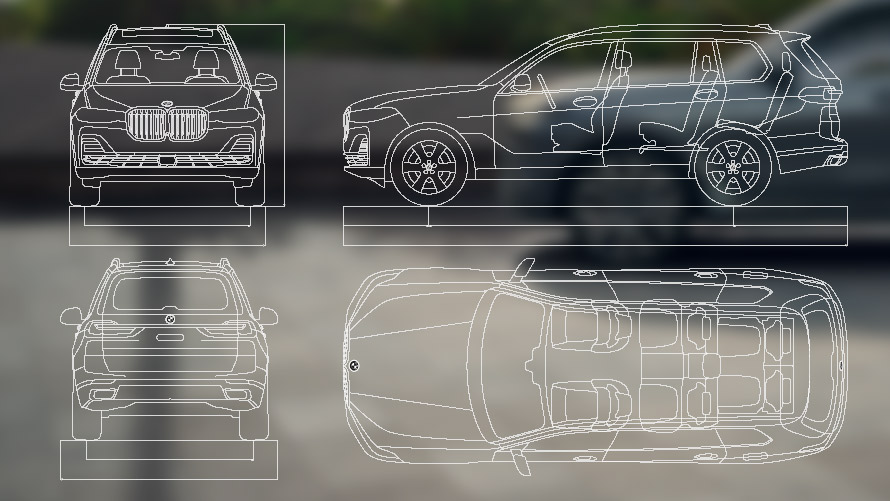 Crtež dimenzija BMW X7 G07 LCI Crtež dimenzija Sprijeda Bok Straga Pogled s visoka BMW X7 G07 LCI